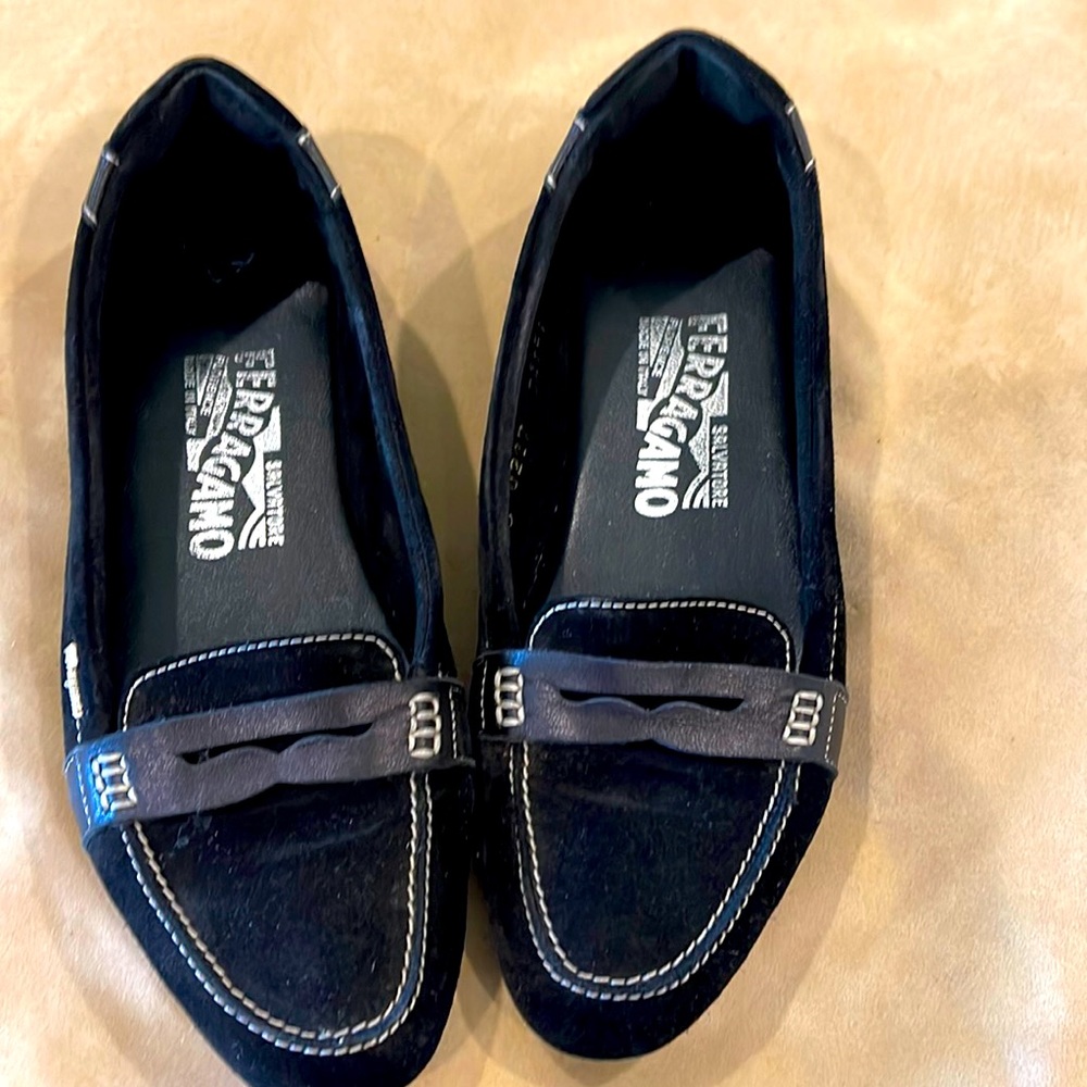 Black suede Ferragamo loafers. Size 5
